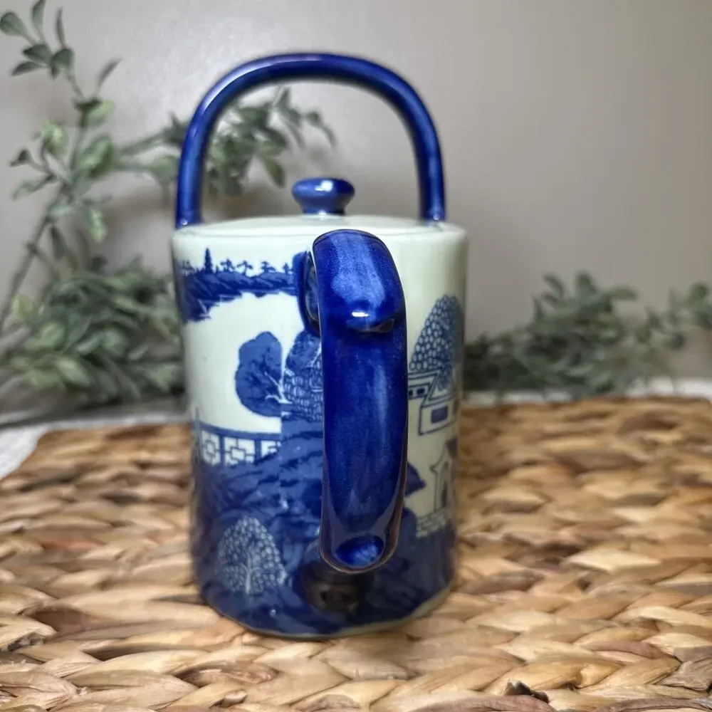 Victoria Blue White Ironstone Teapot Chinoiserie Landscape Handle 10.5” Vintage